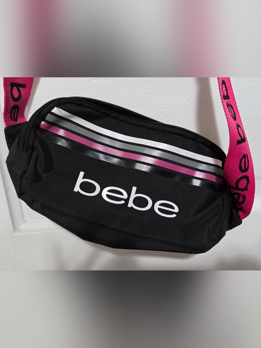 bebe Black Belt Bag with Pink Strap - Picture 2 of 3